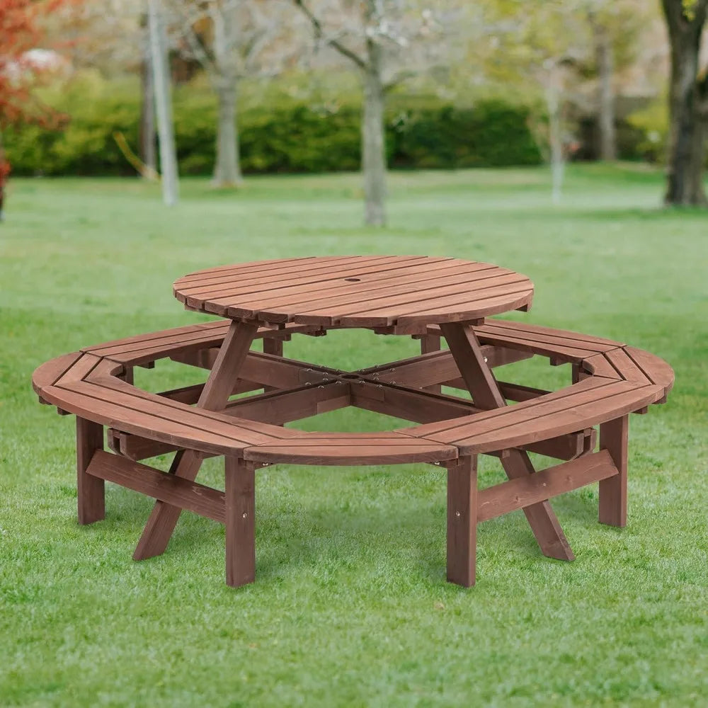 10-person solid wood picnic table outdoor round and bench set with umbrella hole outside wooden chairs s