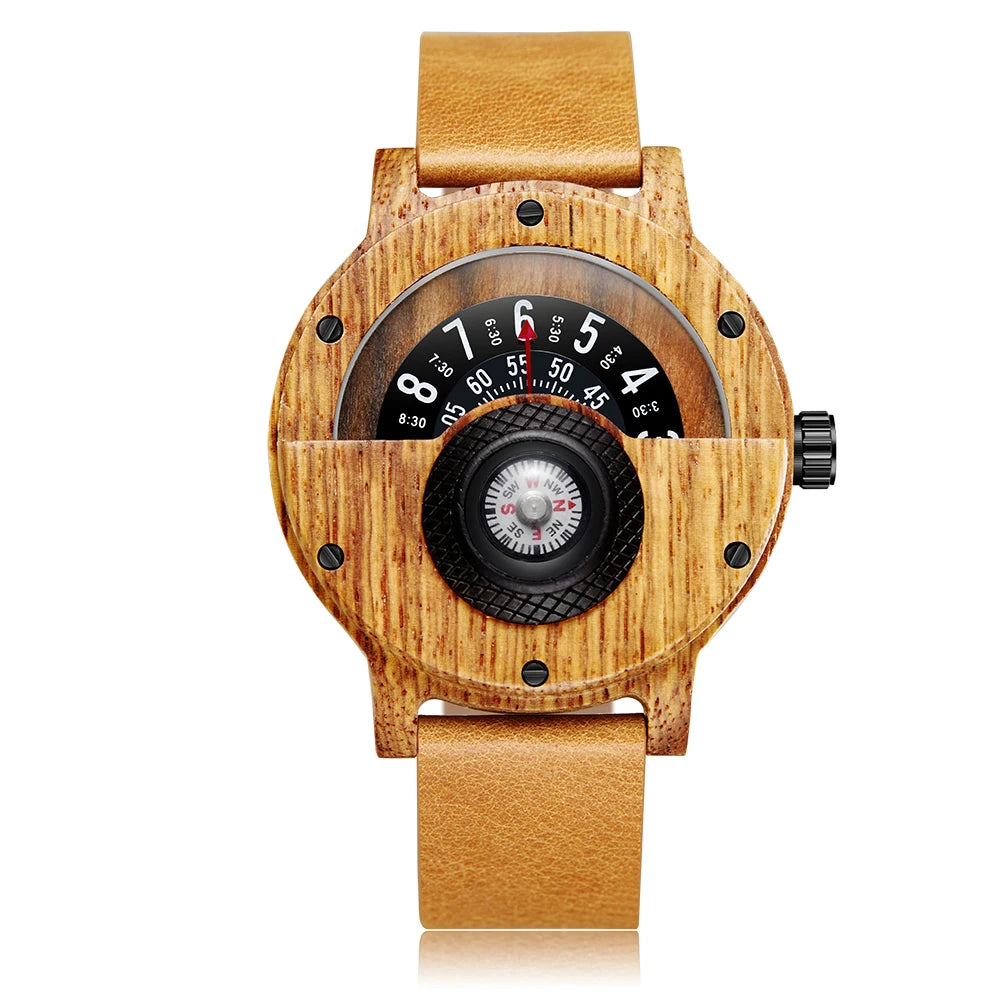 Natural wood watch men’s rotary table compass dial real walnut ebony bamboo brown concept quartz - w210-2
