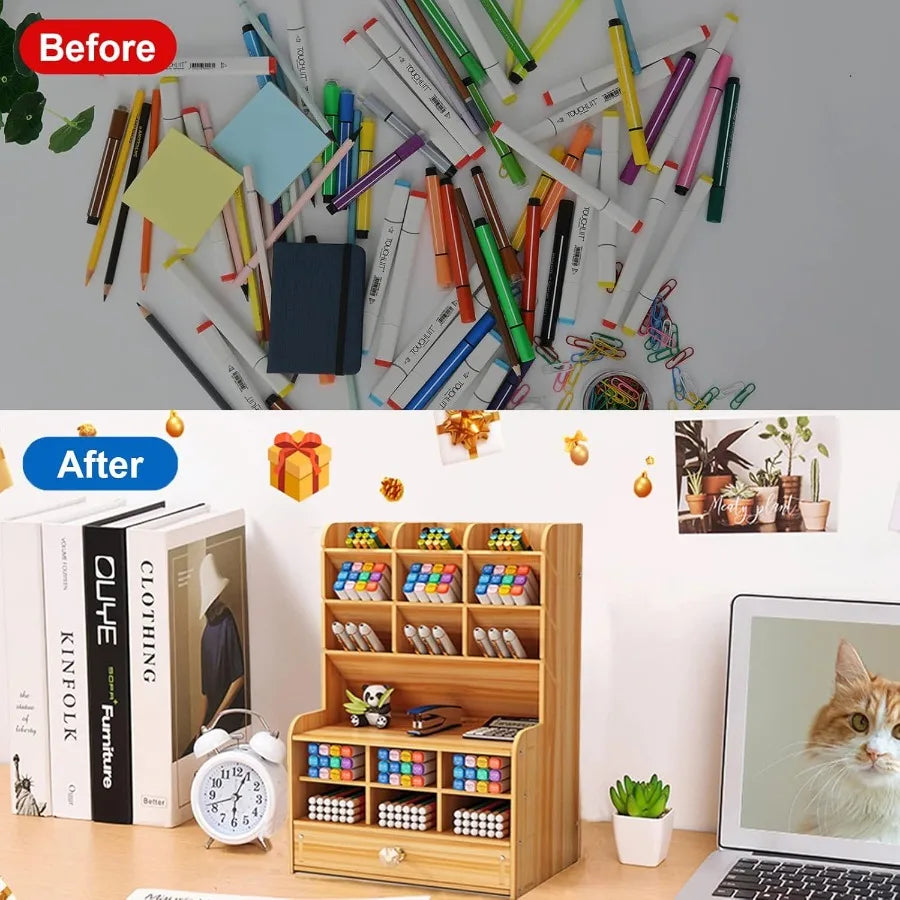 Wooden desk stationary organizer multi-functional pen holder storage rack for school home office art supplies