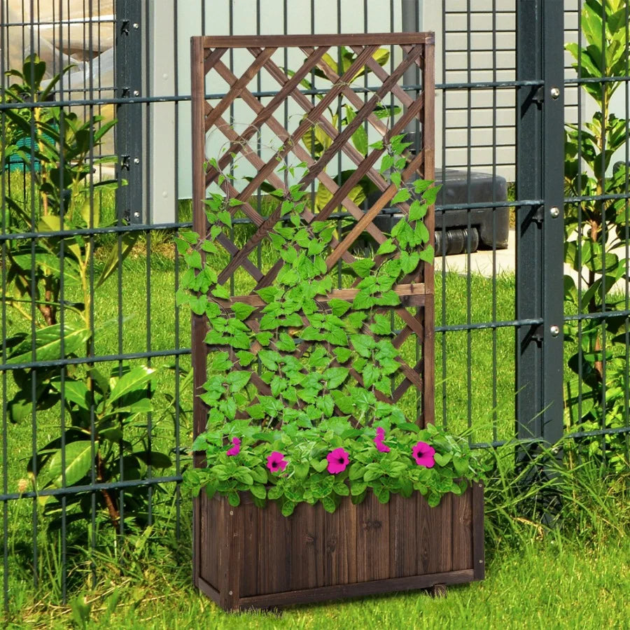 Wooden raised garden bed with trellis planter box drain holes for climbing vine plants brown - united states