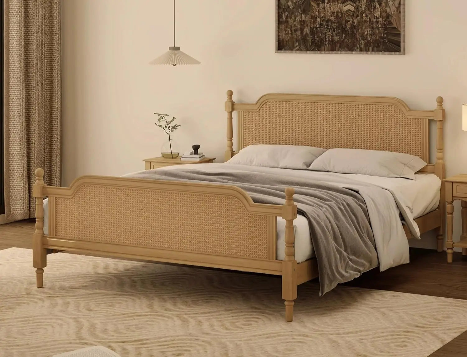 Merax platform bed frame with natural rattan headboard and footboard traditional style no box spring needed solid pine