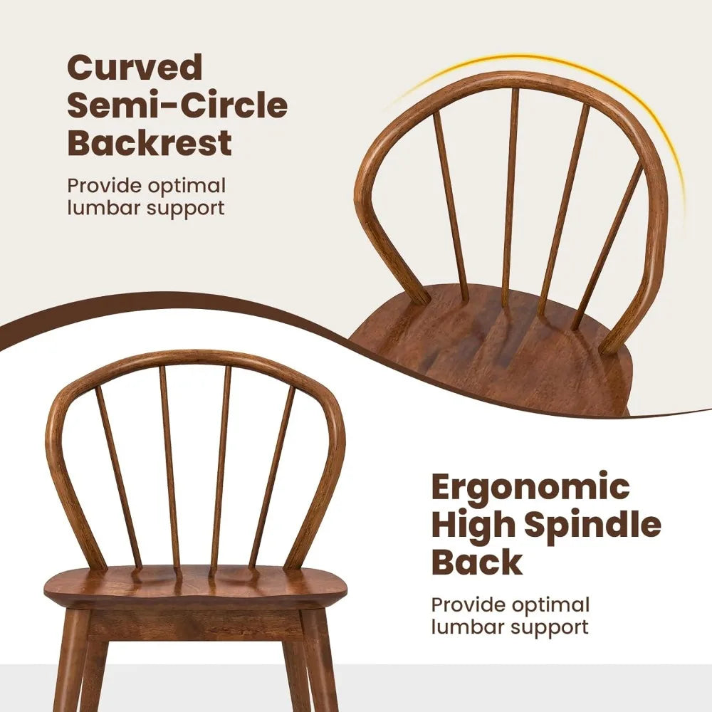 Wooden dining chairs set of 2 windsor kitchen w/high spindle back & rubber wood legs wide seat curved backres - walnut