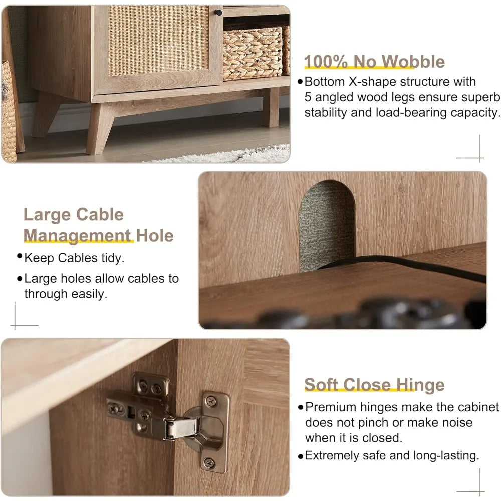 Tv stand for 75+ inch mid century modern entertainment center with natural rattan door storage shelves large boho medi