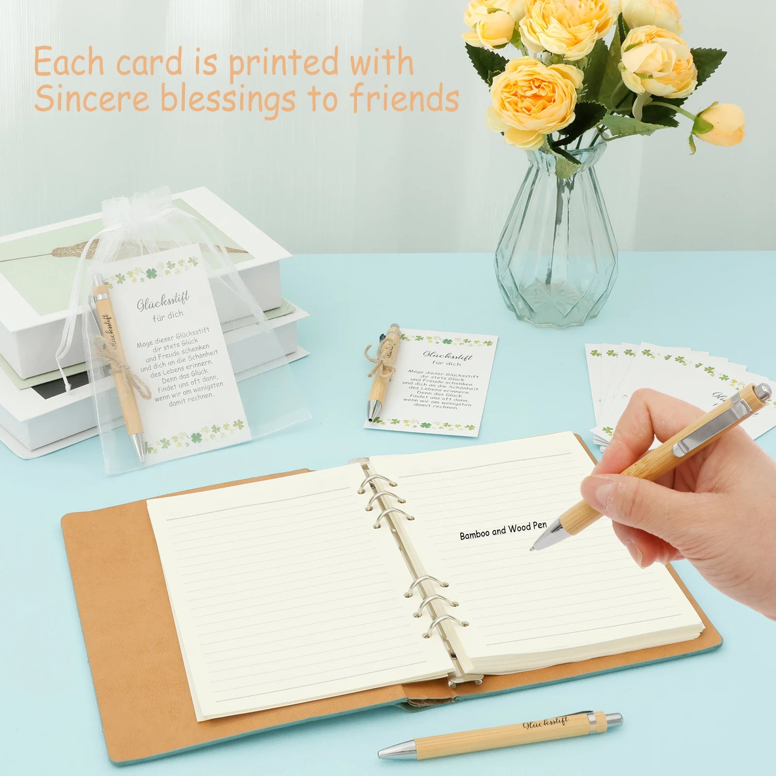 24 sets employee appreciation pen bamboo thank you with hemp rope paper card and clear gauze bag for coworker staff