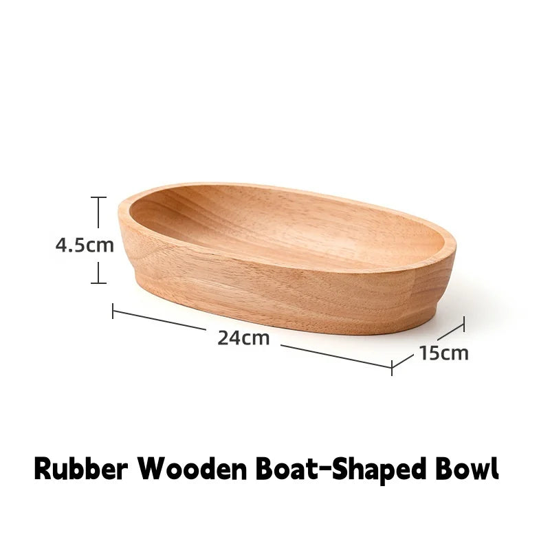 Rubber wooden boat-shaped bowl creative wood salad fruit vintage nut dim sum storage plate home kitchen utensils - 24cm