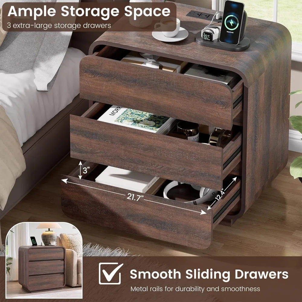 Nightstand 25 tall wooden bedside table with charging station 3 storage drawers side curved profile handleless - walnut