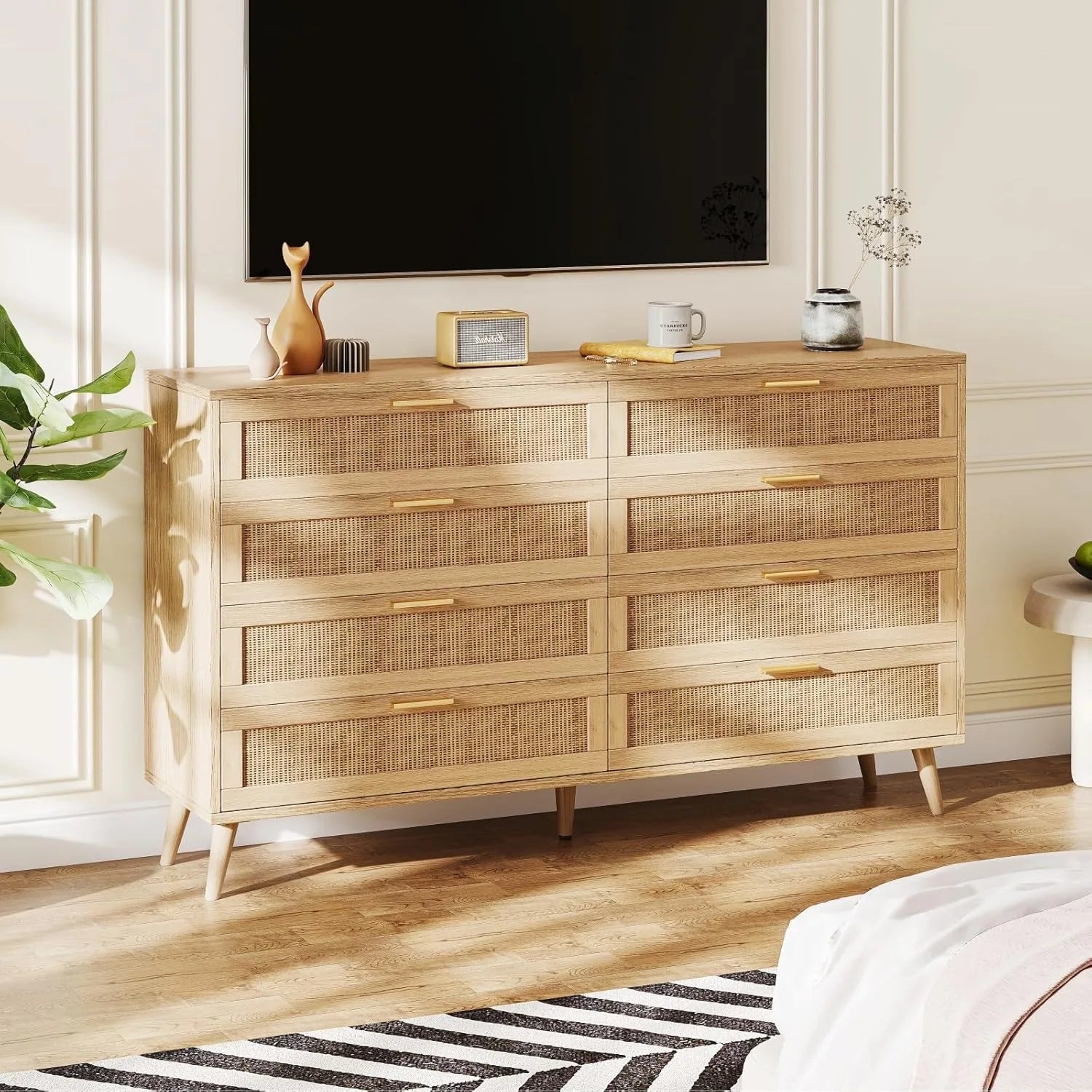 8 drawer double dresser for bedroom rattan chest of dressers modern wooden with golden handles, - drawers natural