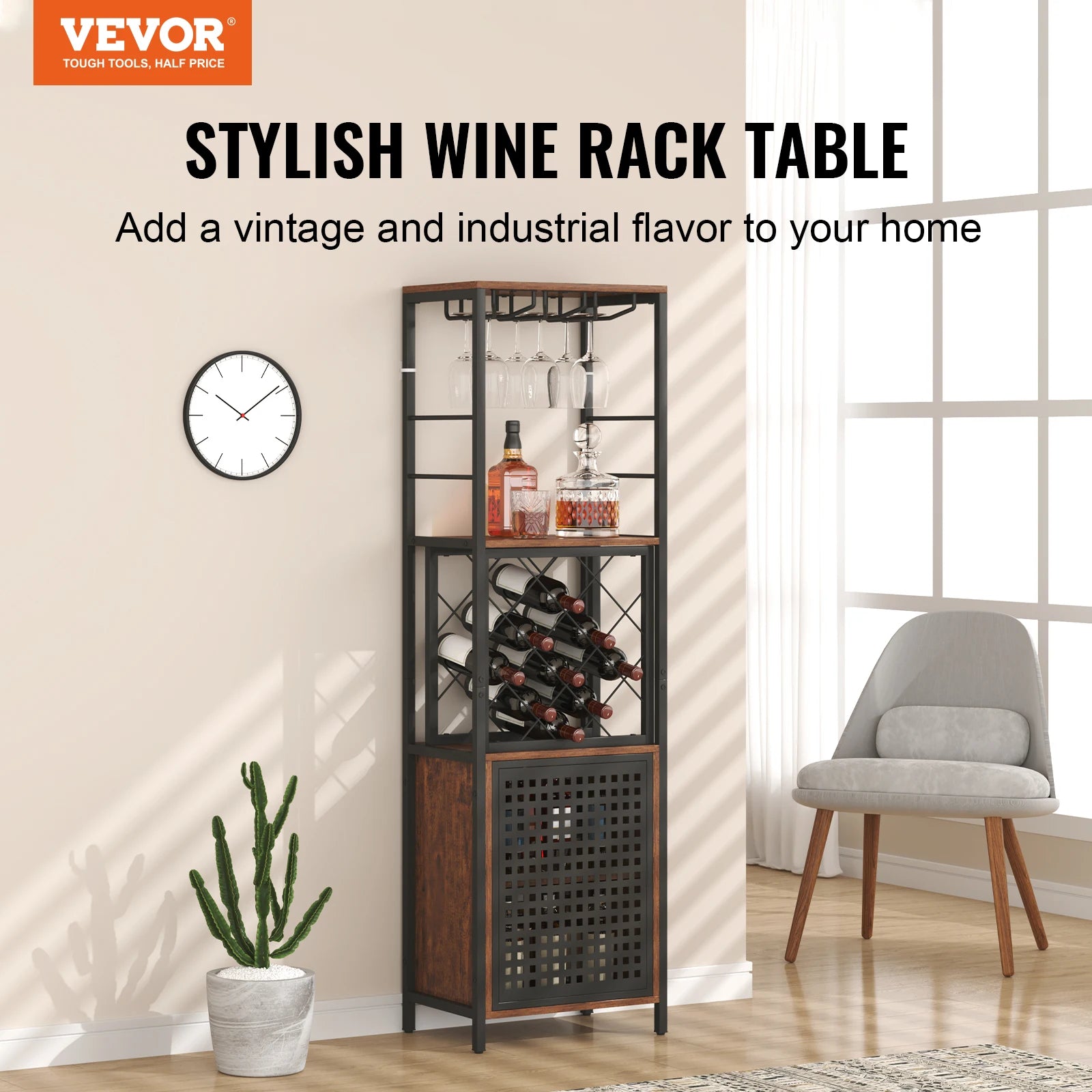 Vevor wine bar cabinet table for liquor & glasses freestanding farmhouse wood natural - rack