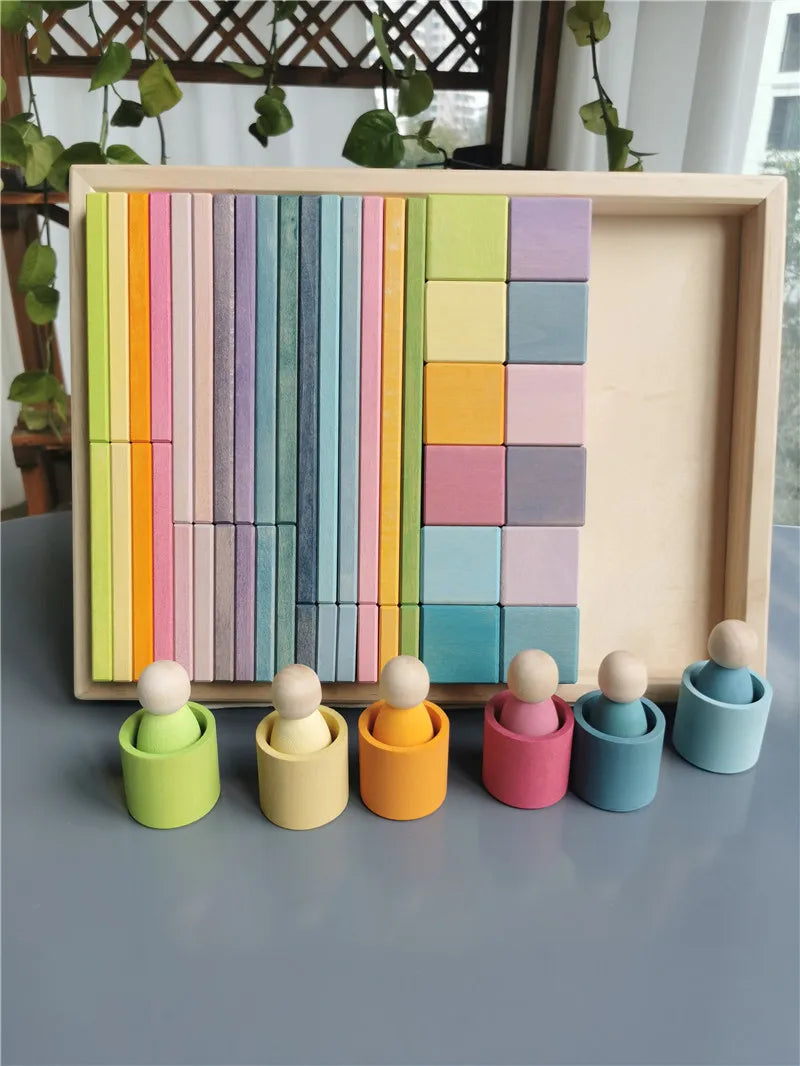 Large rainbow wood building slats construct cubes blocks pastel stacking timber toys for kids early learning - pastel