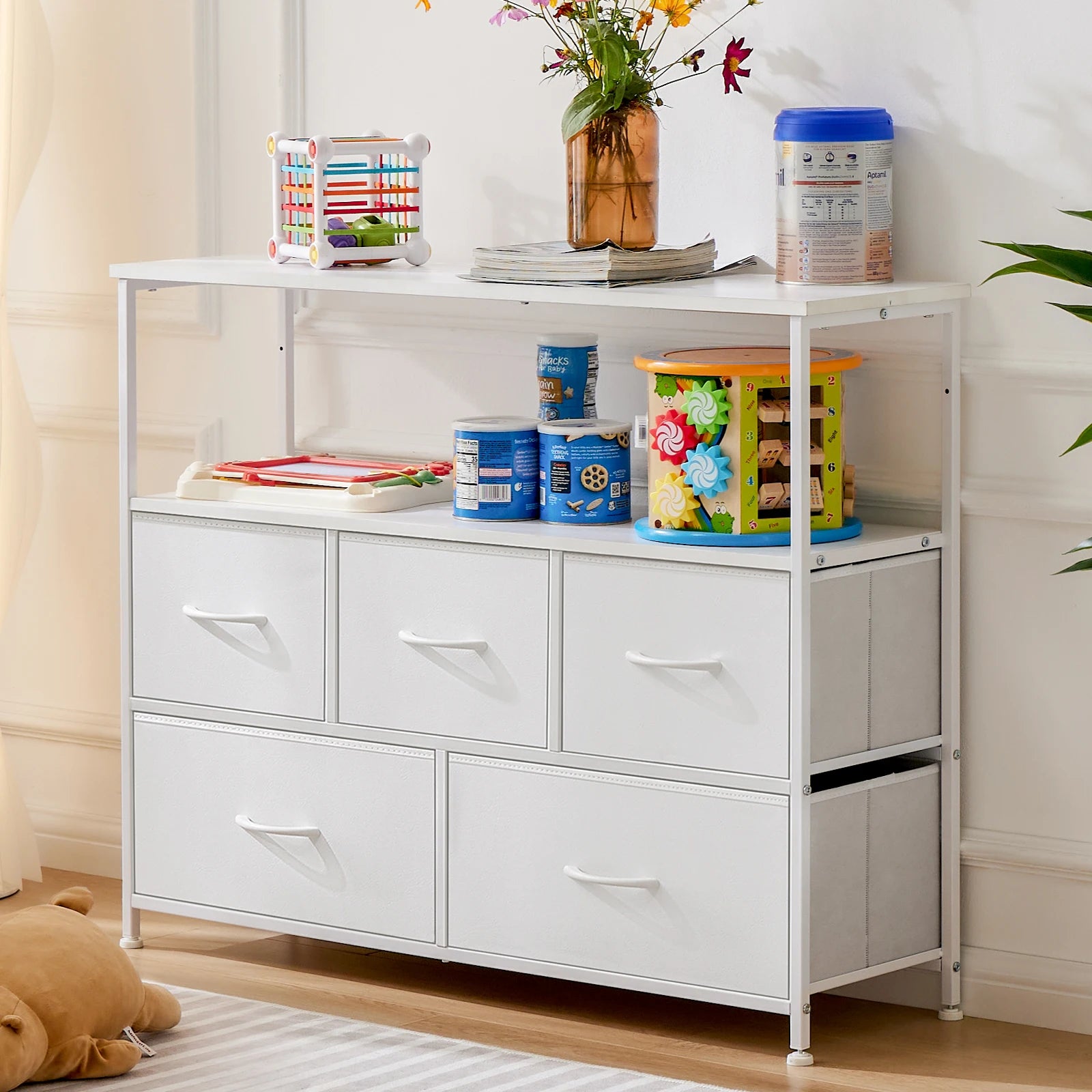 Jhk fireplace tv stand dresser for bedroom with 5 fabric drawers storage closet chest clothes display cabinet furniture