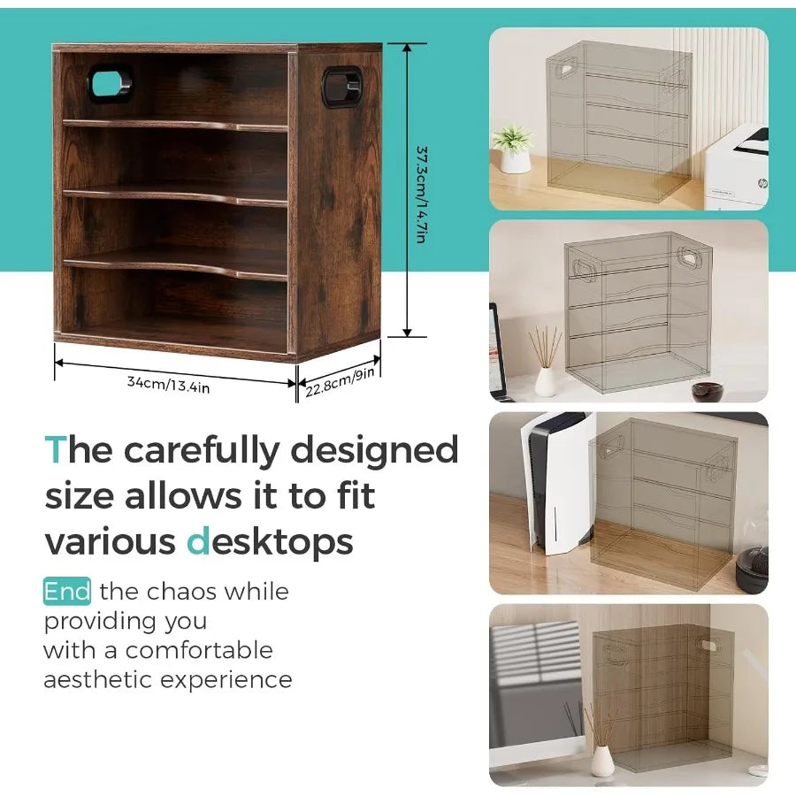 Vintage wood file organizer desktop-14.5 document letter mail tray sorter with 3 adjustable shelves wooden desk