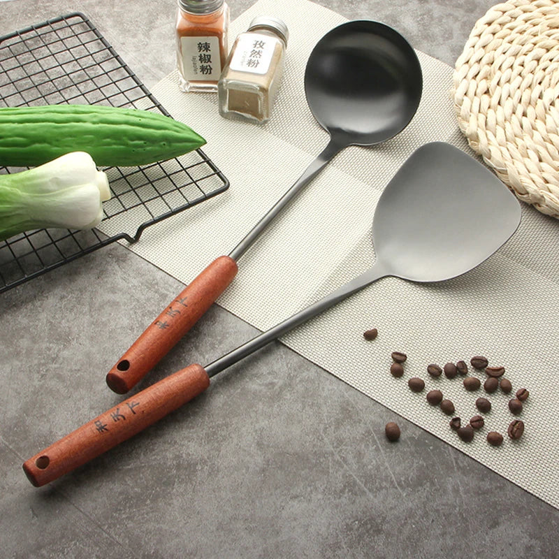 Stainless steel solid turner soup spoon wok spatula ladle with wooden handle - cooking utensils