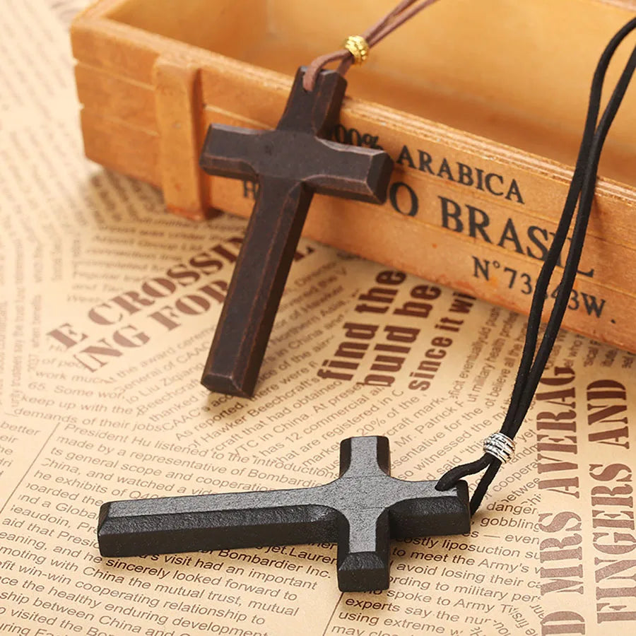 Unique wooden cross pendant necklace men black brown 80cm long collar adjustable prayer amulet jewelry homme daily neck