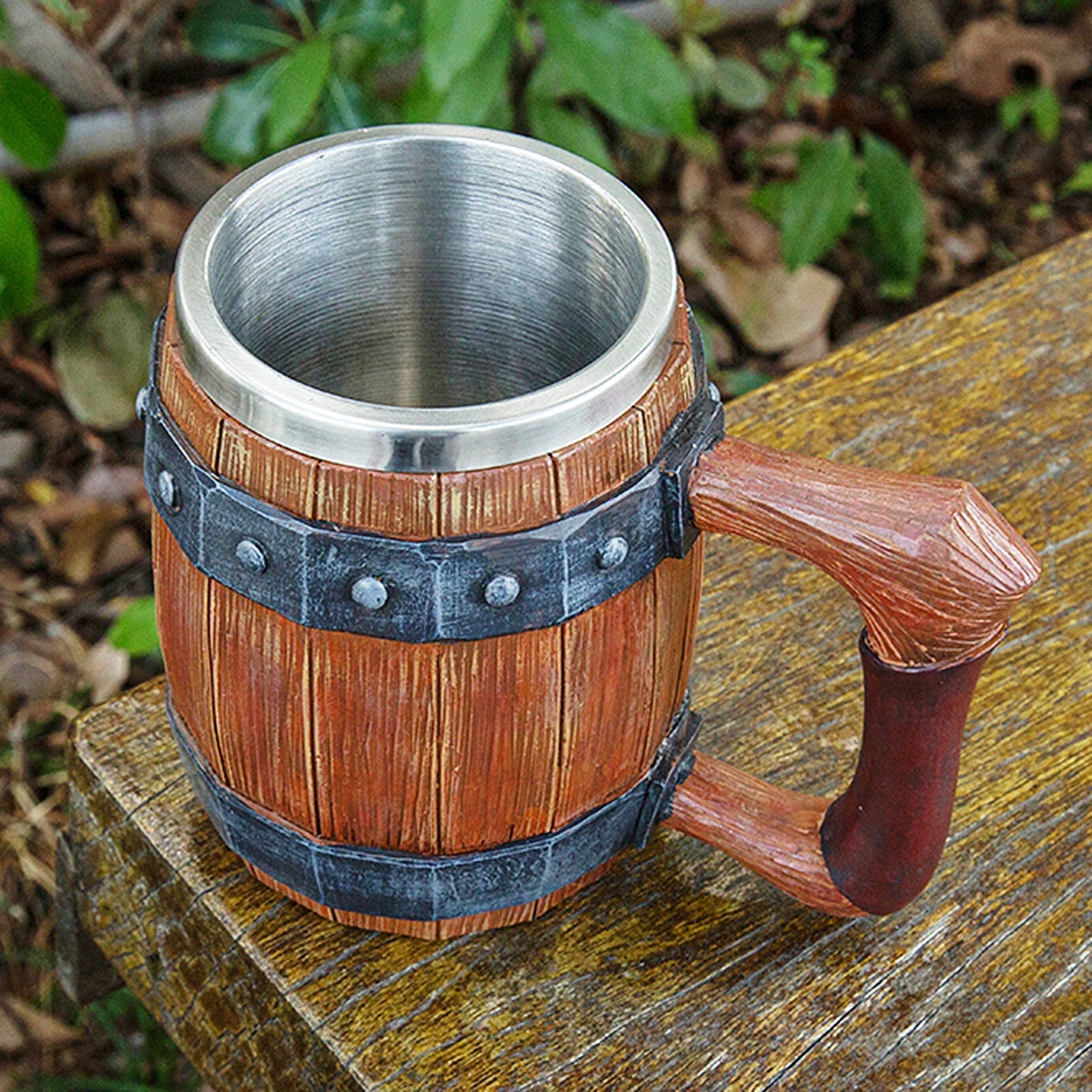 Wood barrel beer mug with rivet leather viking style resin stainless steel tankard coffee wine cup christmas men’s gift