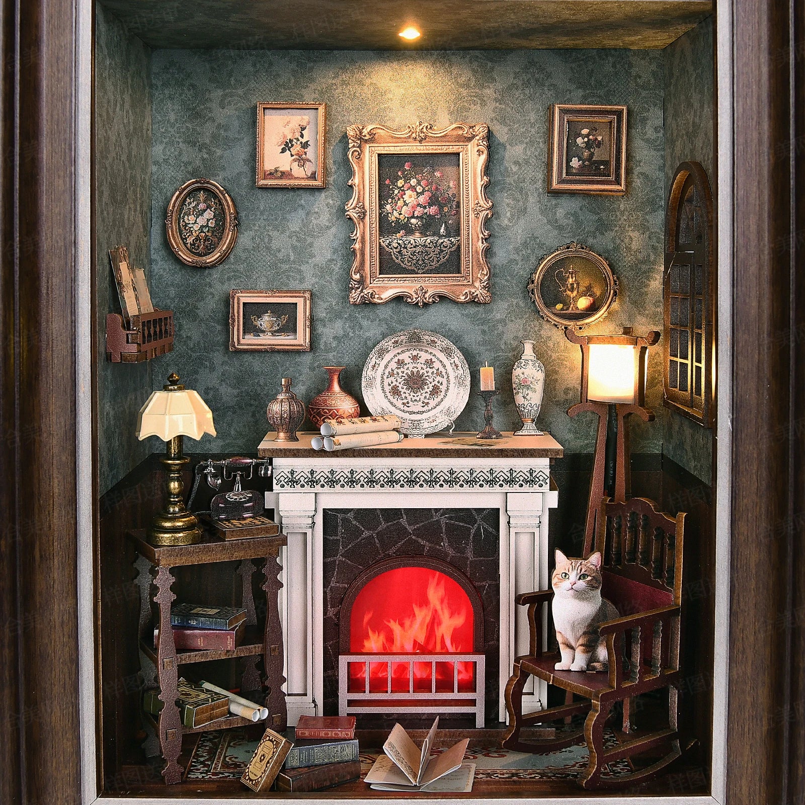 Book nook kit fireplace diy 3d wooden puzzle photo frame ornament bookshelf dollhouse model bookend building home