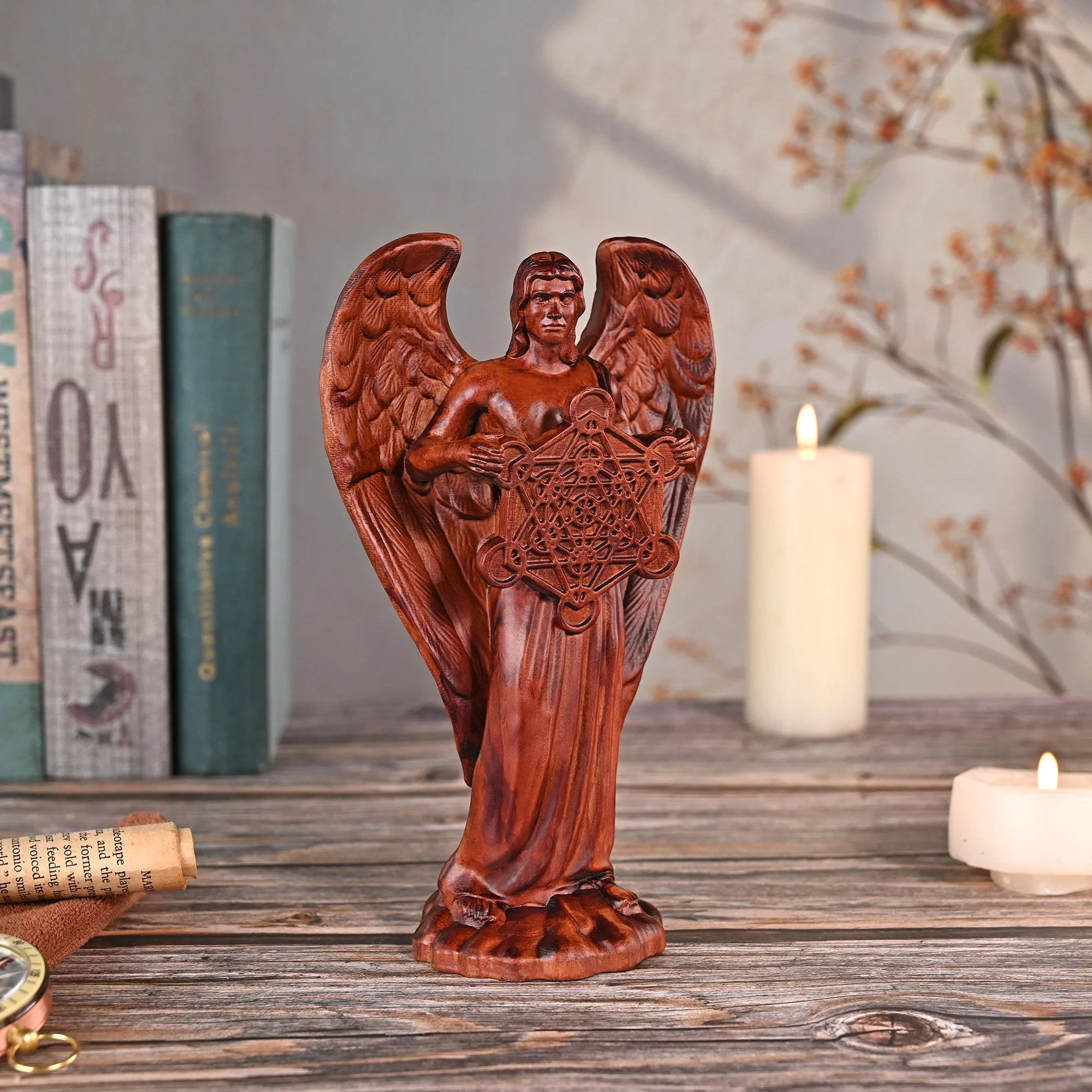 European metron archangel sculpture art decoration home garden club solid wood carving craft - religious (christian)