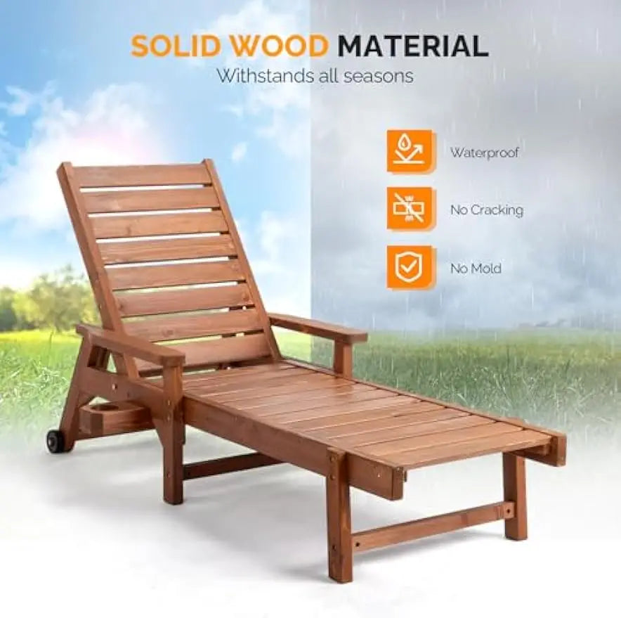 Customizable outdoor chaise lounge chair wooden patio lounger with adjustable backrest,for sunbathing poolside beach