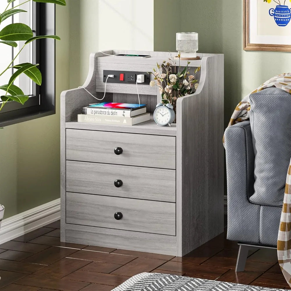 Nightstand with charging station night stand hutch & storage drawers end table side bedroom,