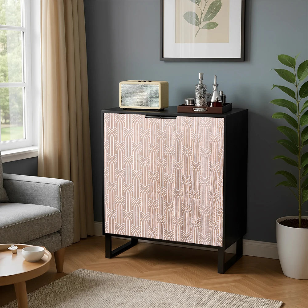 Black brown wooden wine cabinet for 14 bottles freestanding bar with glass holders sideboard function - black / united