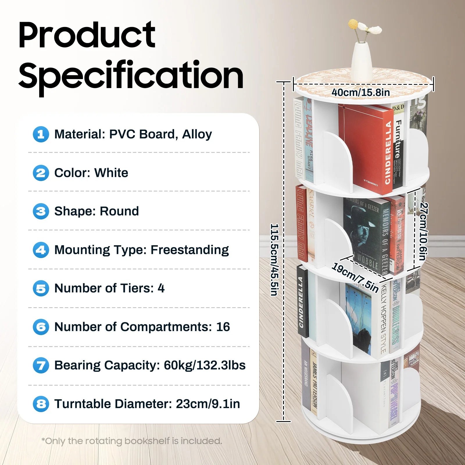 2/4-tier wooden rotatable bookshelf - 360°display floor standing storage rack white multifunctional organizer