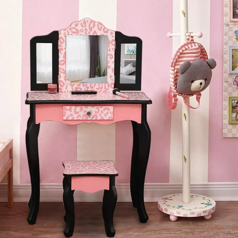 Pretend play vanity table and chair set with mirror makeup dressing gift - united states