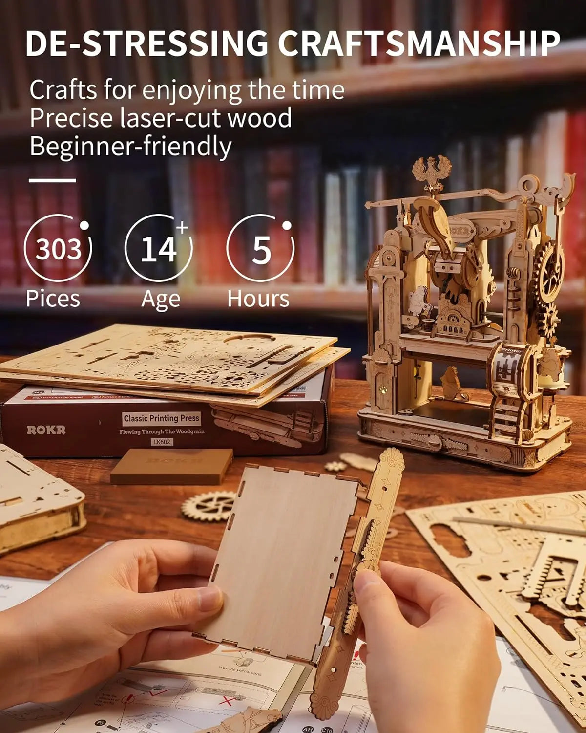 Robotime rokr 3d wooden puzzle model kits classic printing press mechanical gears for adults