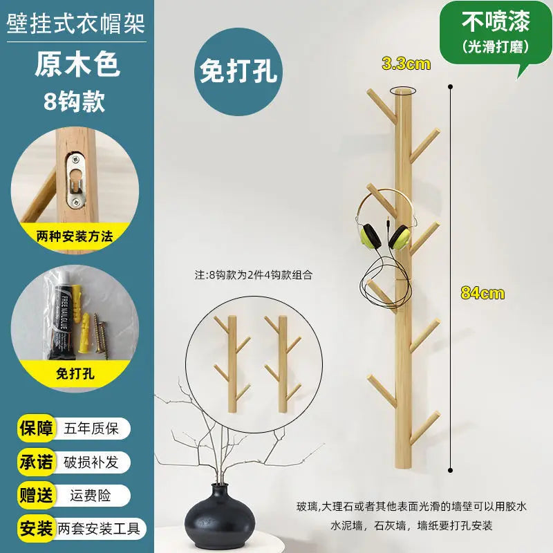 Branch twig solid wood wall mounted coat rack hanging hanger cabinet furniture bedroom clothes hats bag storage - wood