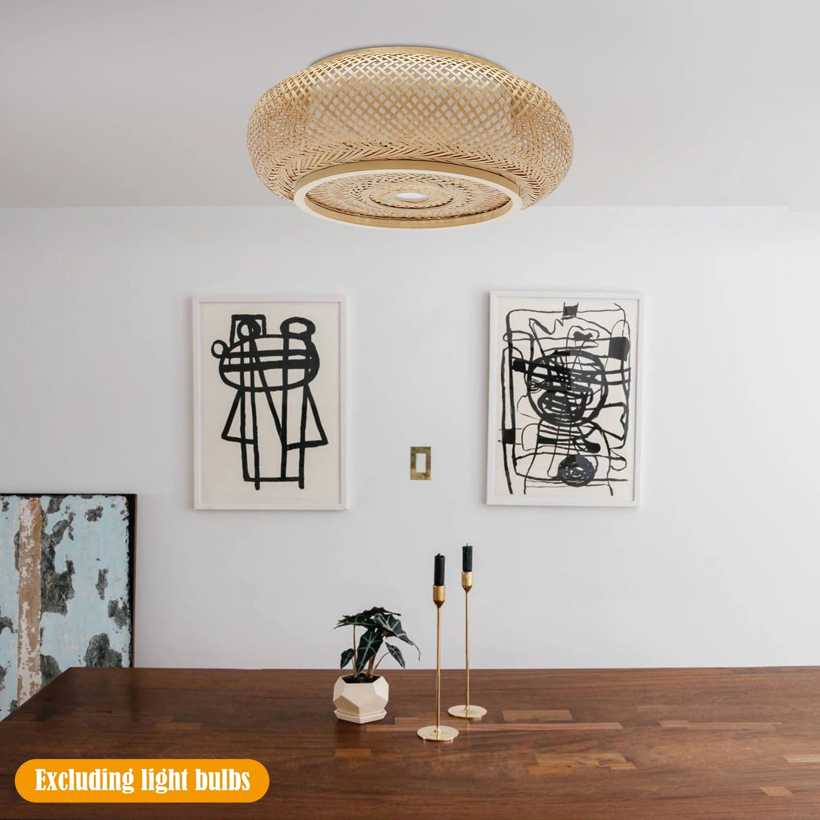 16’’vintage woven bamboo ceiling lights rattan flush mount light wicker basket art handmade - yellow / united states