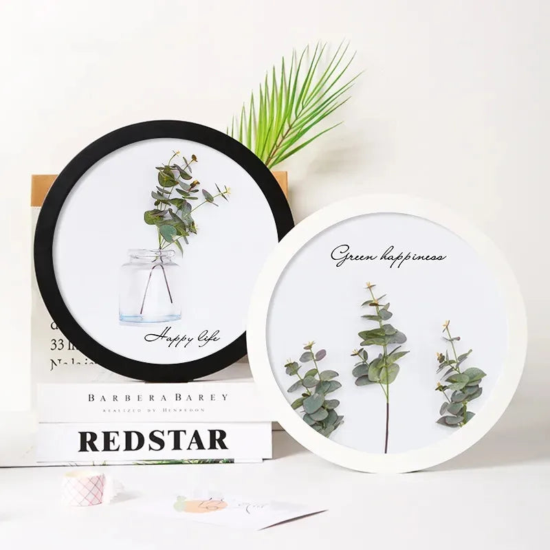 Classic wood round photo frame simple nordic style picture frames hanging solid color background wall decoration