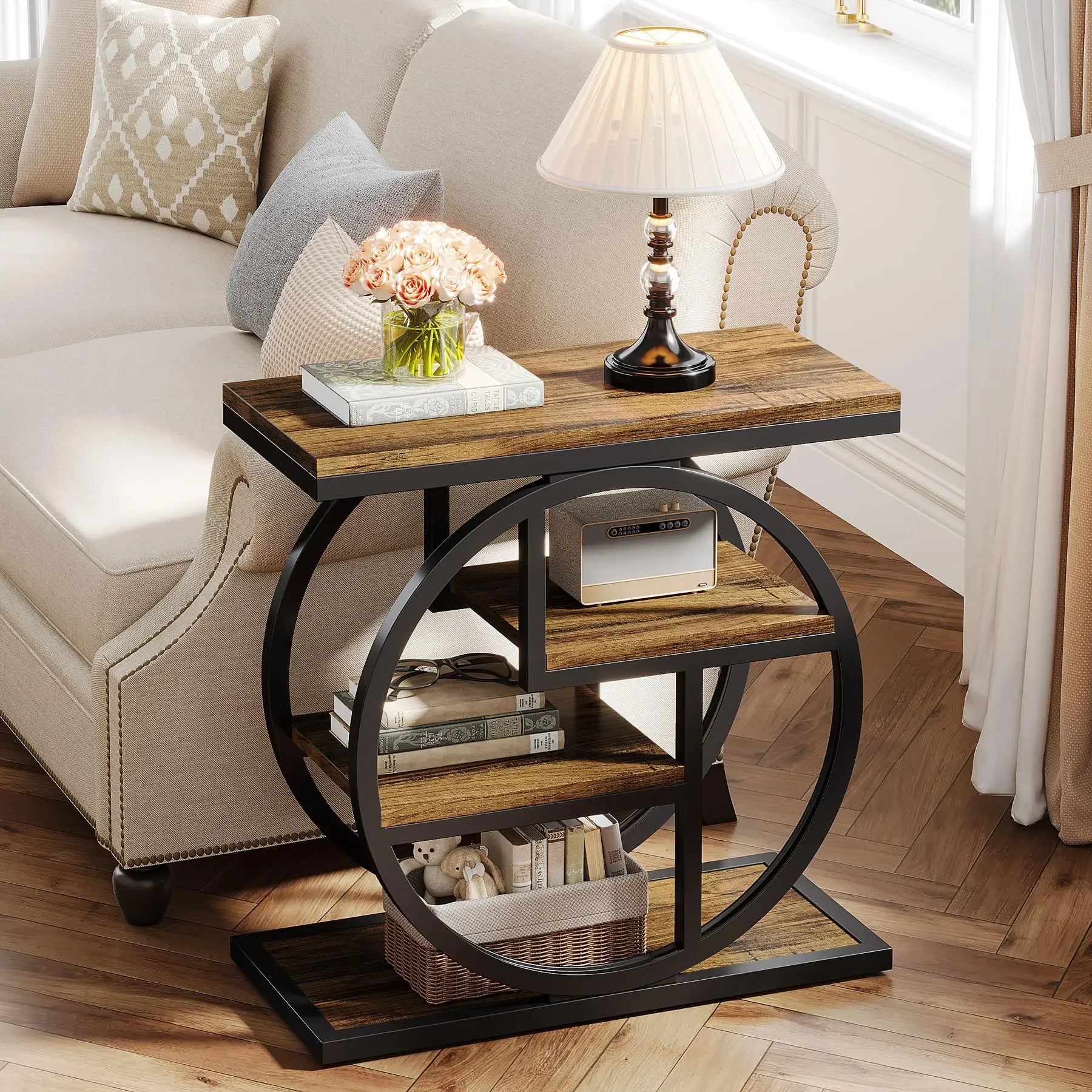 Tribesigns end table for living room 4-tier narrow side with storage shelves industrial bedside bedroom wood