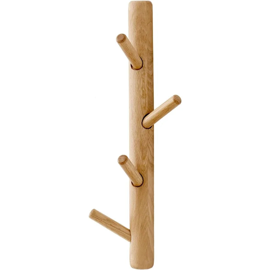 Oak wood coat rack wall mount hooks with 4 for clothes hats towel purse robes entryway bathroom mudroom bedroom 16ih