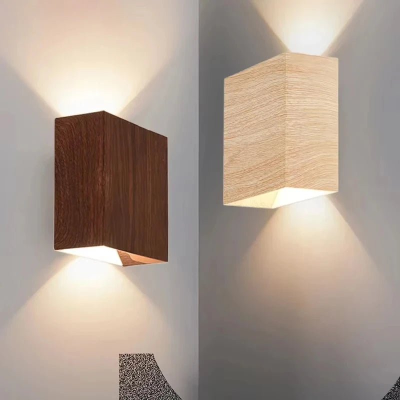 Nordic led wall lamp minimalist water transfer wood grain square sconce for bedroom bedside hallway decor light fixtures