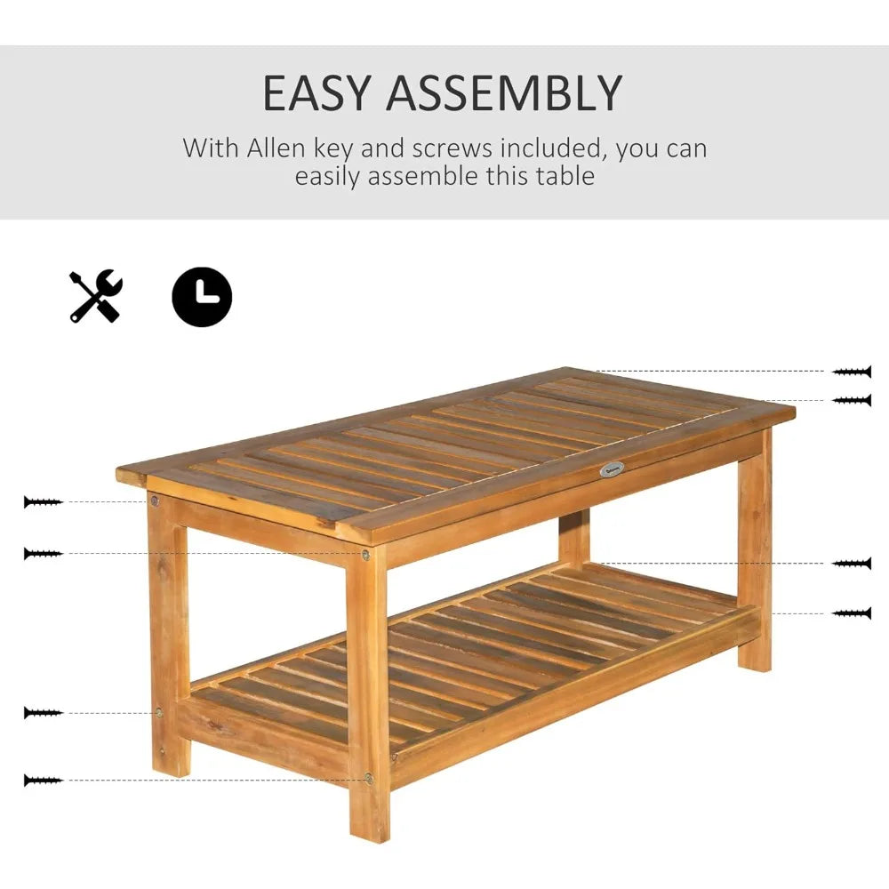 Rectangular acacia wood outdoor coffee table with two shelves - natural finish for patio deck lawn and garden storage