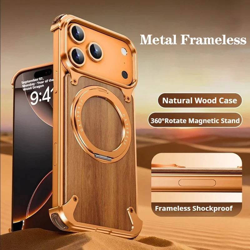 Eary magnetic wooden case for iphone 17 pro max air magsafe wireless chargers 360°rotating stand aluminum solid wood