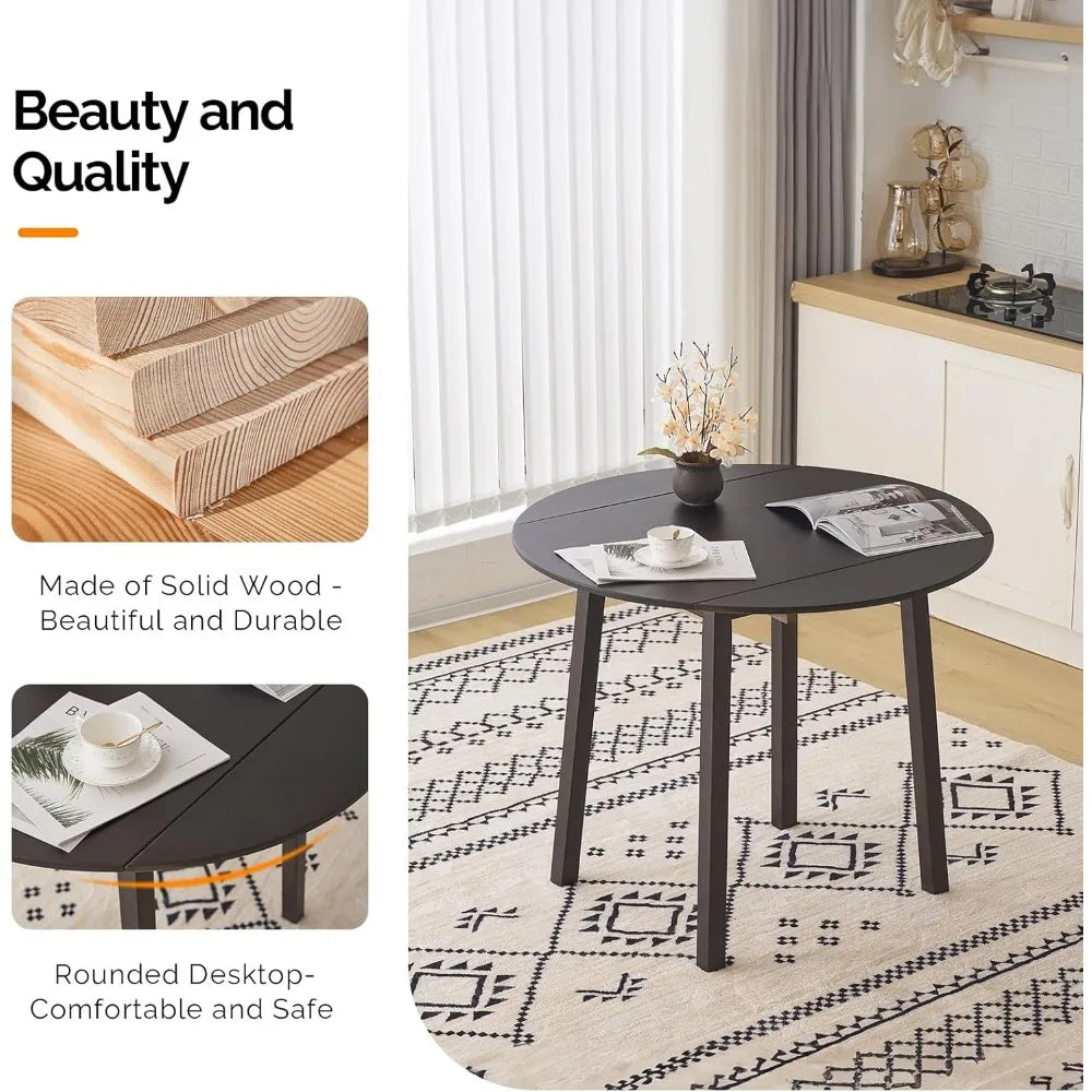 Expandable round solid wood folding dining table for small kitchen spaces - united states / brown