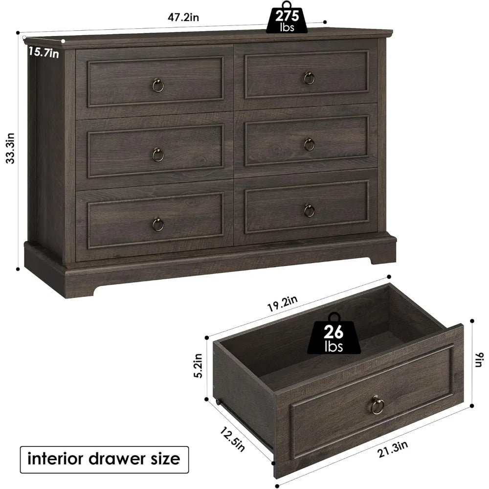 6 drawer dresser for bedroom modern farmhouse chest of drawers 47.2’’ wide wooden double dark wood storag