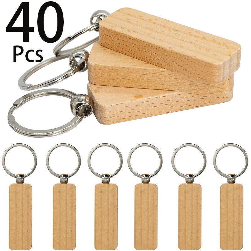 40 pcs diy blank wooden keychain slender rectangle key ring - rectangle - chain