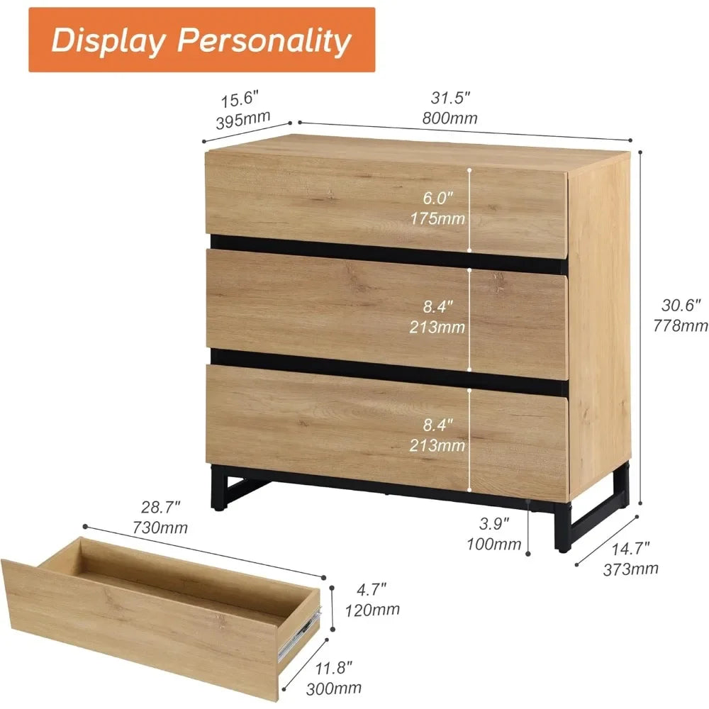 Dresser for bedroom closet organizers and storage with 3 drawers chest of metal base modern wood