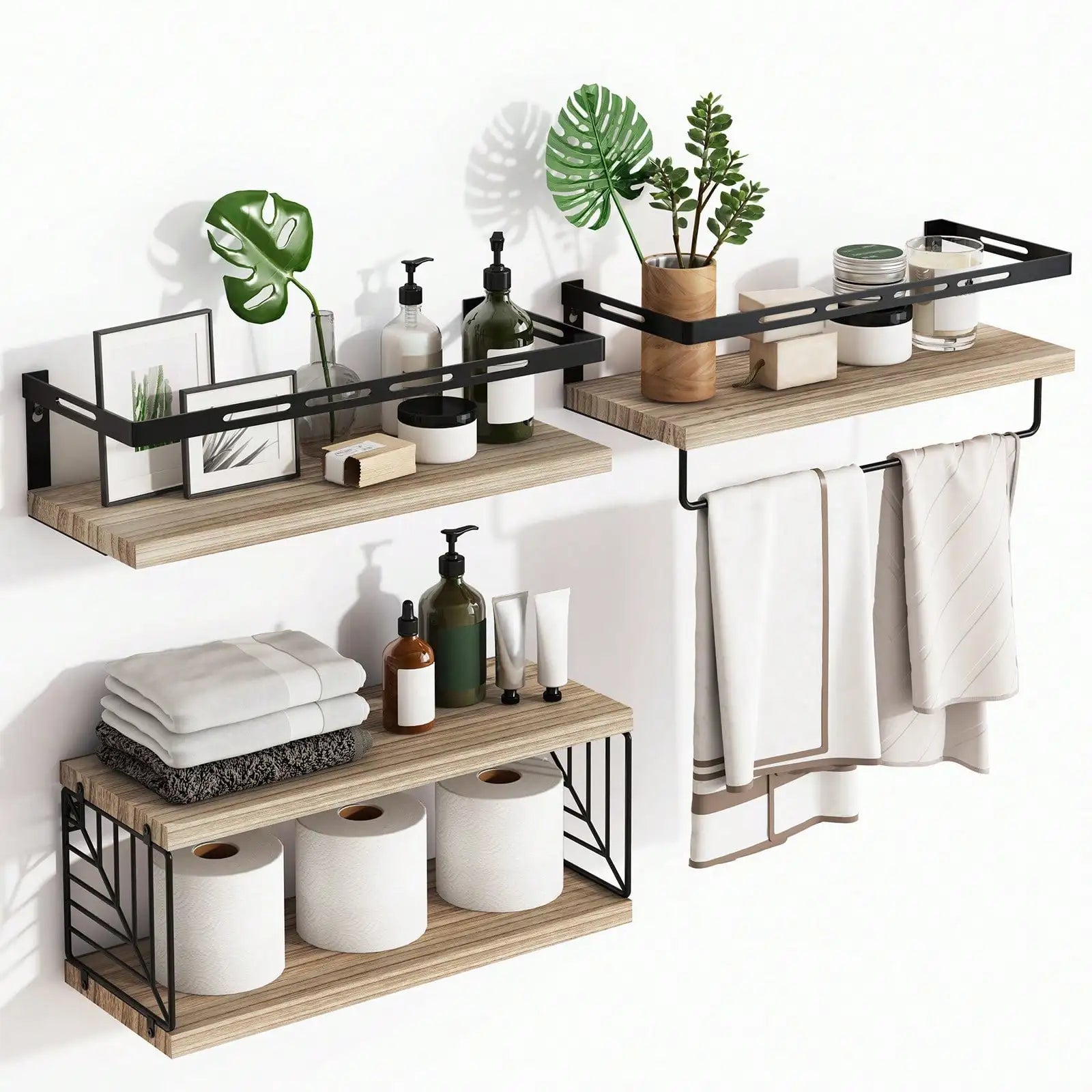 3 + 1 tier wall mounted bathroom shelves over toilet,rustic wood floating with metal frame towel bar