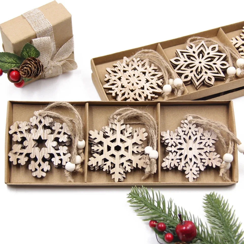 12pcs/box wooden hollow snowflake christmas vintage pendants xmas hanging ornaments for noel tree decorations diy