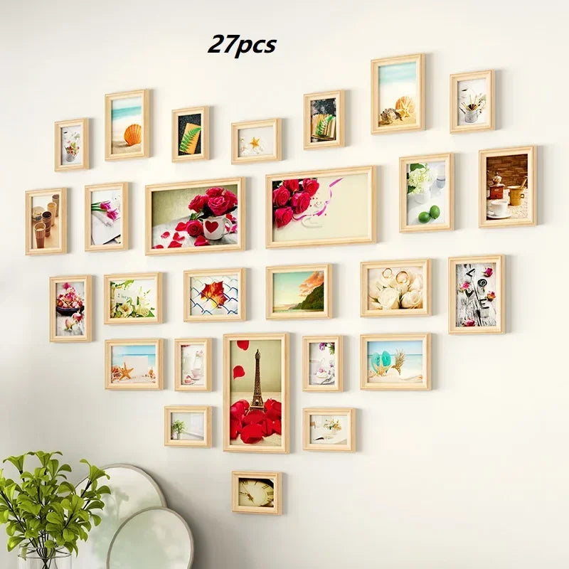 Solid wood heart-shaped photo wall decor frame creative love album background set stylish art unique picture display