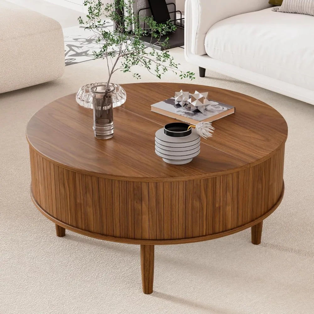 Round fluted lift top coffee table with storage mid century modern for living room home small space