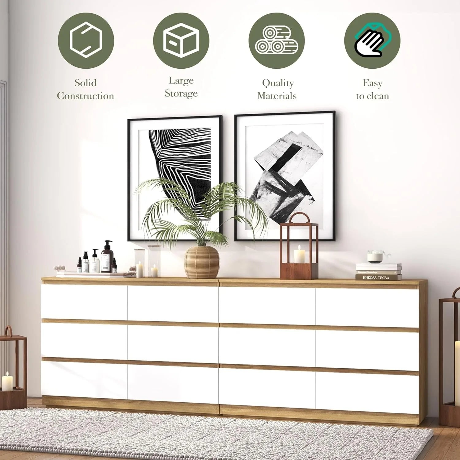 6 drawer double dresser for bedroom white wooden dressers with deep drawers modern chests of drawers, - natural