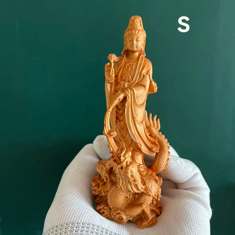 Natural wood dragon guanyin buddha statue traditional hand-carved chinese buddhist figures home living room feng shui