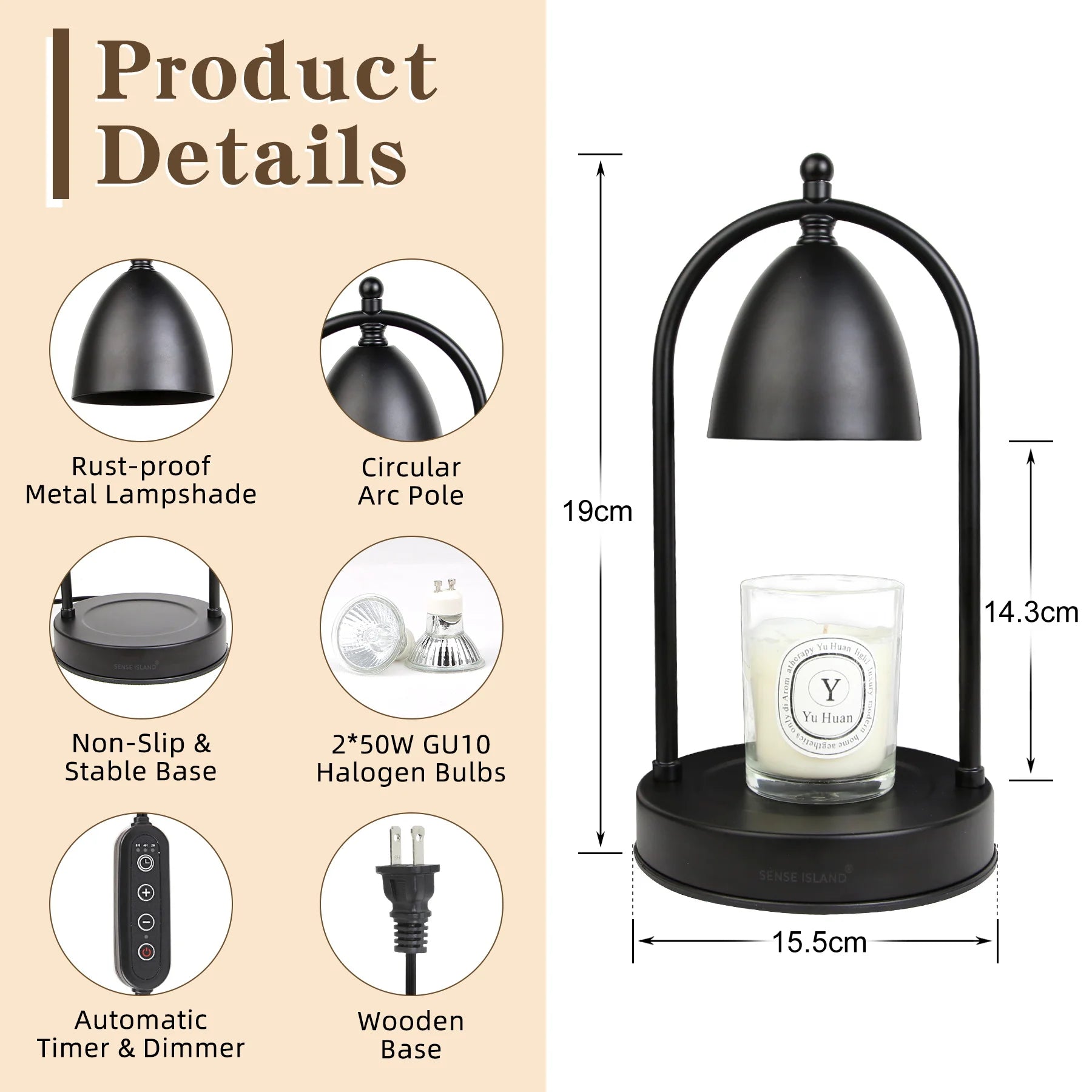 Candle heating lamp with adjustable height electric light with timer suitable for scented large cans of candles - black