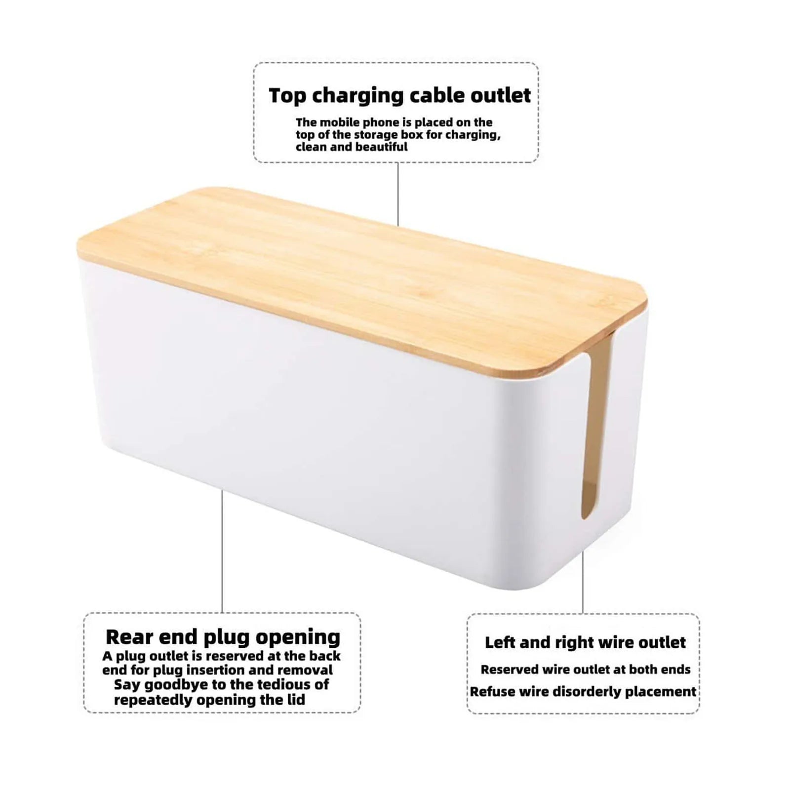 Cable management box cord hider,extension socket organizer with bamboo wood cover for router desk power strip