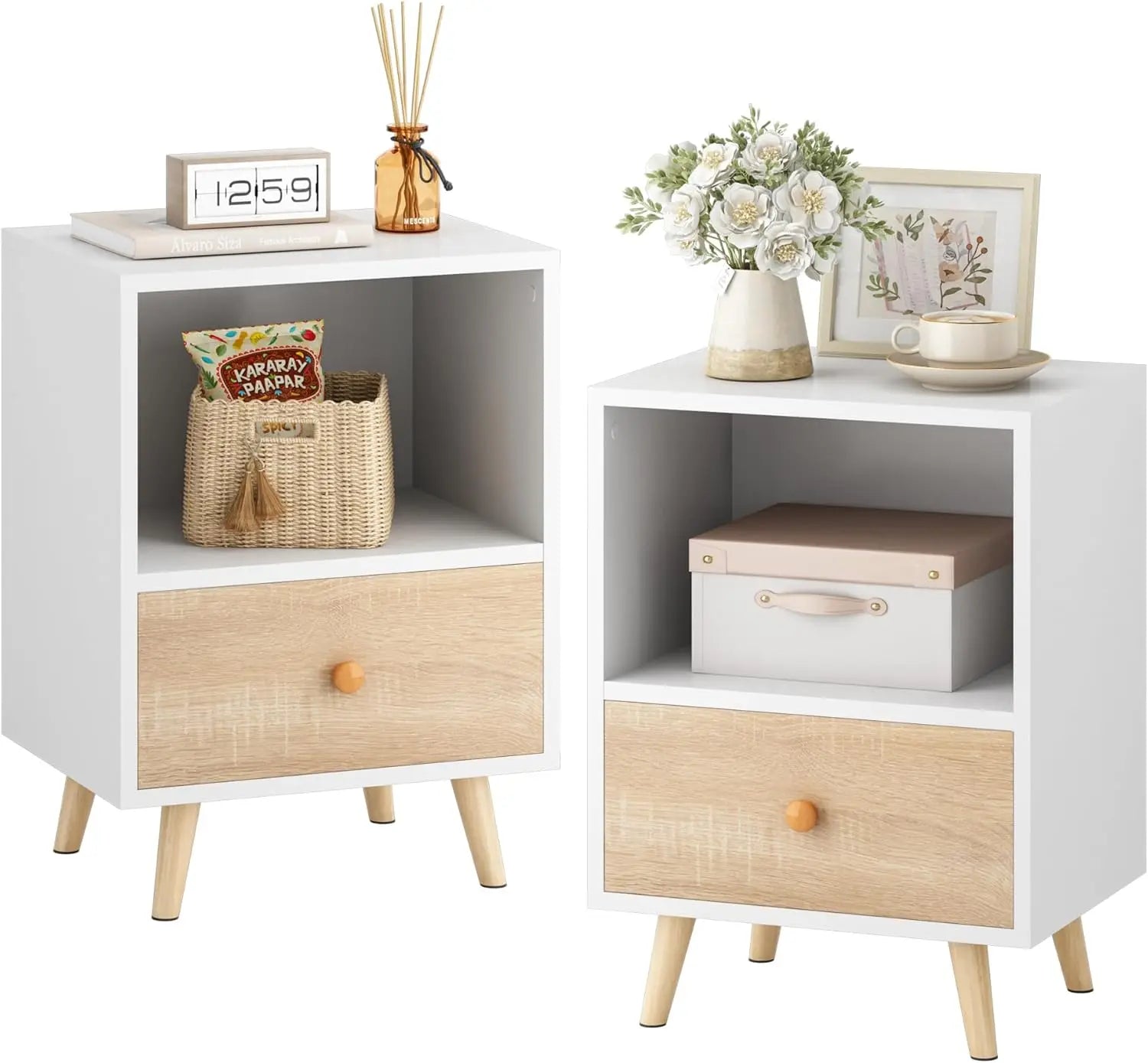 Nightstands set of 2 night stand with drawer and open storage shelf bedside tables solid wood legs end table side