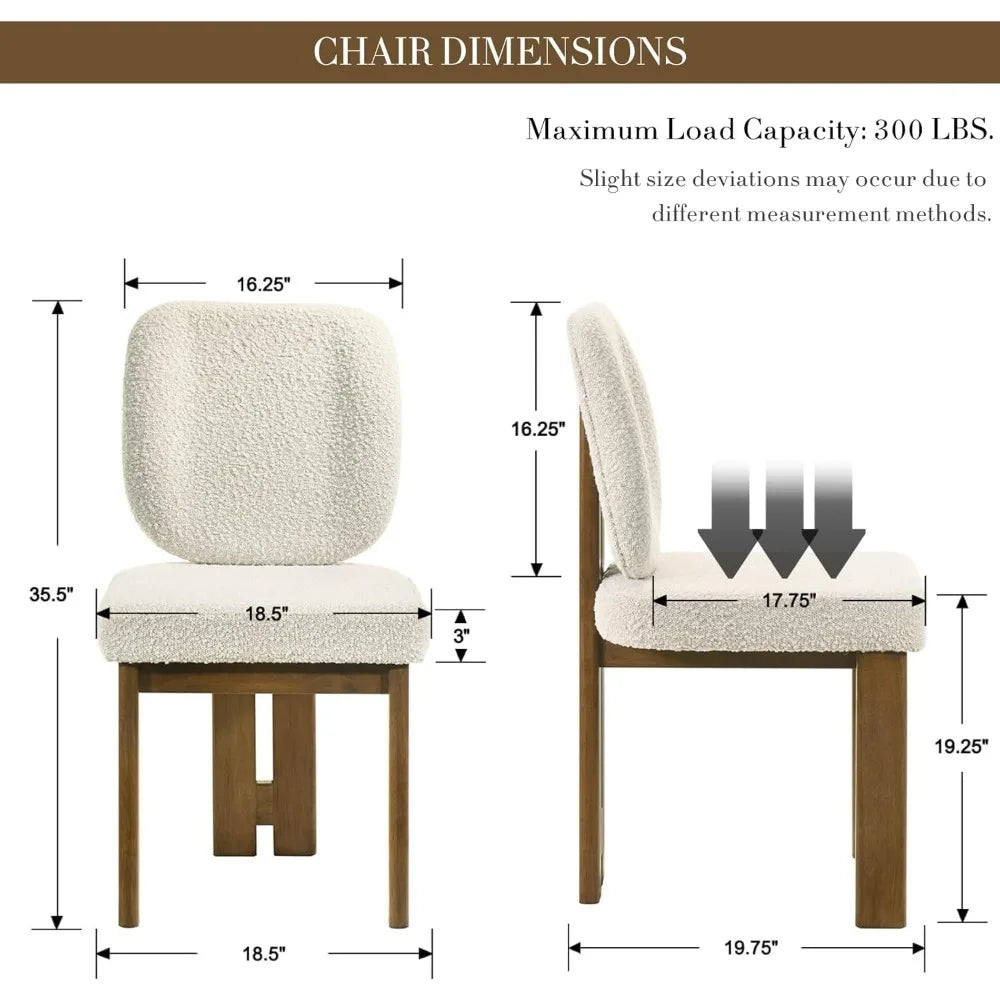 Modern boucle dining chairs set of 2 upholstered armless side with ergonomic curved back/walnut wood legs mid-century
