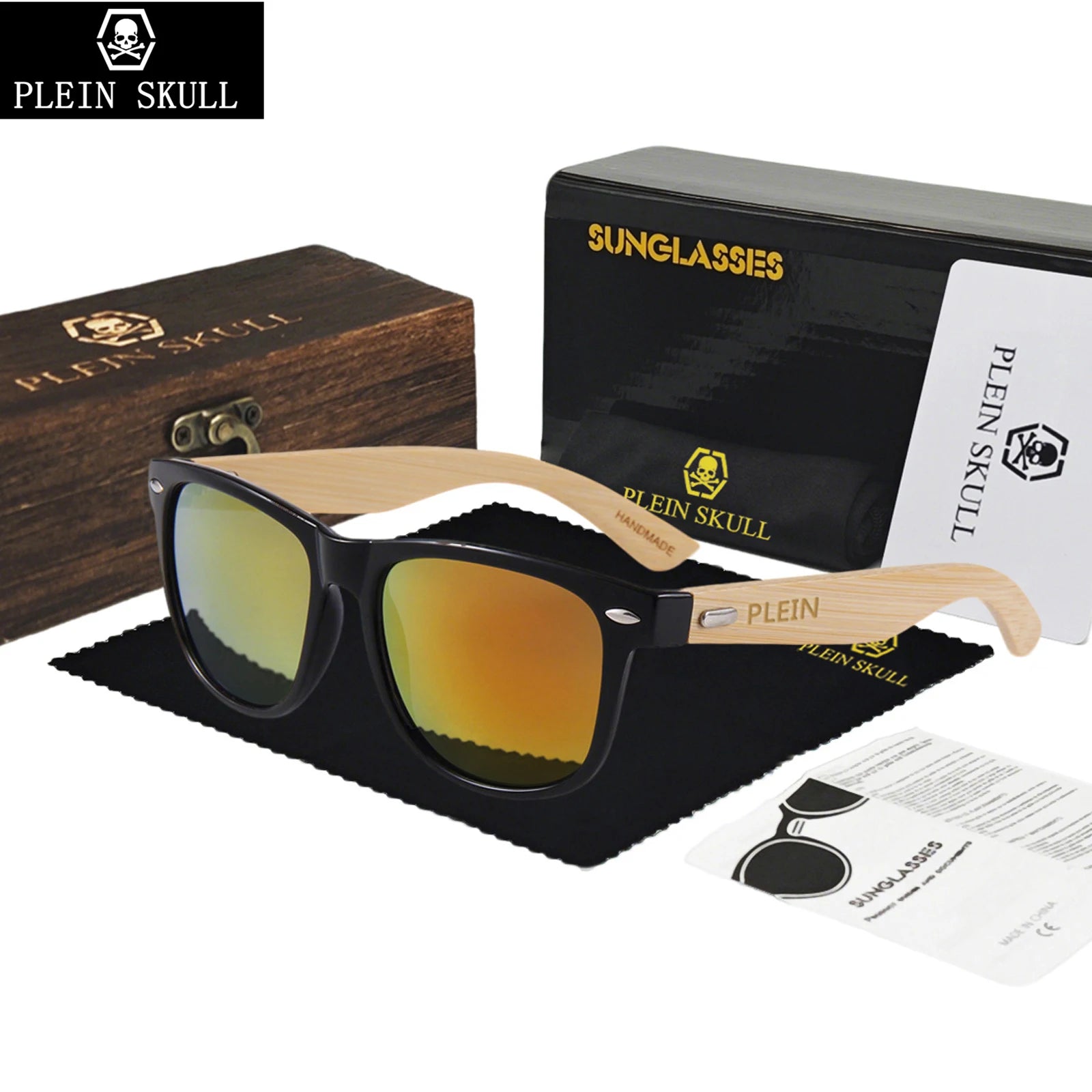 Plein skullhigh quality fashionable wooden sunglasses men retro bamboo leg glasses women’s sun protection rice nail
