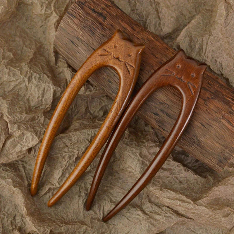 Chinese cat pattern hair sticks wooden u shaped forks for women girls hanfu hairpin headwear headpieces accessories